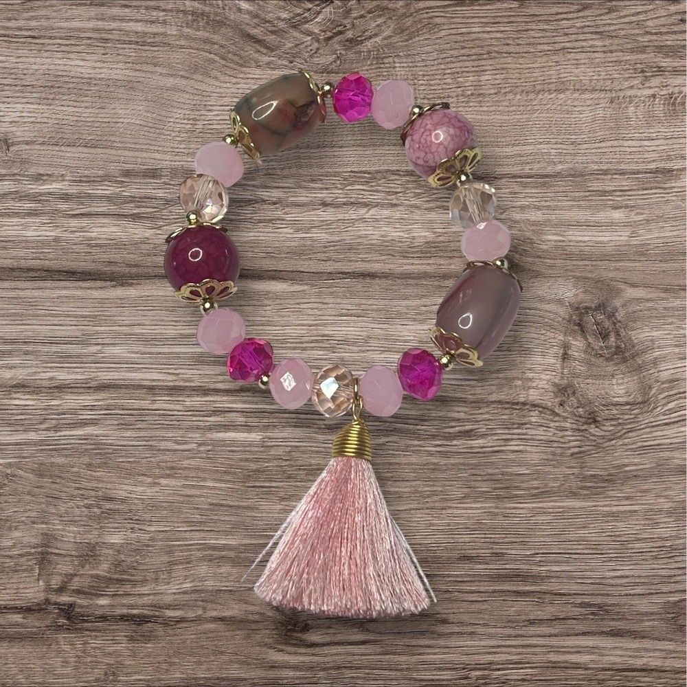 Natural Stone Beaded Bracelet Pink Tassel Charm Stretch Bracelet Jewelry Women‎
